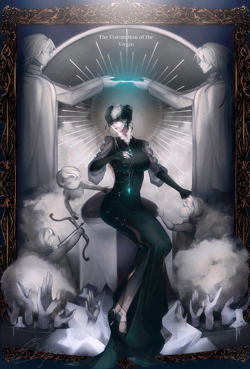 1girl absurdres adversarial_noise angel aqua_gemstone aqua_nails arrow_(projectile) black_dress black_hair black_hat black_shoes border bow_(weapon) breasts candle chief_(path_to_nowhere) closed_eyes collar commentary commentary_request diffraction_spikes drawing_bow dress earrings english_commentary female_chief_(path_to_nowhere) frilled_collar frilled_cuffs frills full_body gem ghost_hands glowing_gem gown grey_background hair_bun halo hand_on_own_chest hat high_heels highres hobble_dress holding holding_bow_(weapon) holding_weapon jelena_(path_to_nowhere) jewelry juliet_sleeves large_breasts light_particles long_dress long_sleeves male_chief_(path_to_nowhere) mini_hat mixed-language_commentary nail_polish nakai111 ornate_border parted_lips path_to_nowhere puffy_sleeves ring sculpture see-through_clothes see-through_sleeves shoes signature sleeves_past_wrists smoke solo statue through_medium tilted_headwear title updo weapon