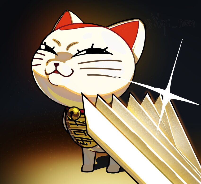:3 animal_ears bell black_background black_eyes cat cat_ears commentary dandadan english_commentary full_body gradient_background hand_fan highres knife_cat_(meme) looking_at_viewer meme neck_bell no_humans sparkle standing turbo_granny_(dandadan) whiskers yuqi_non