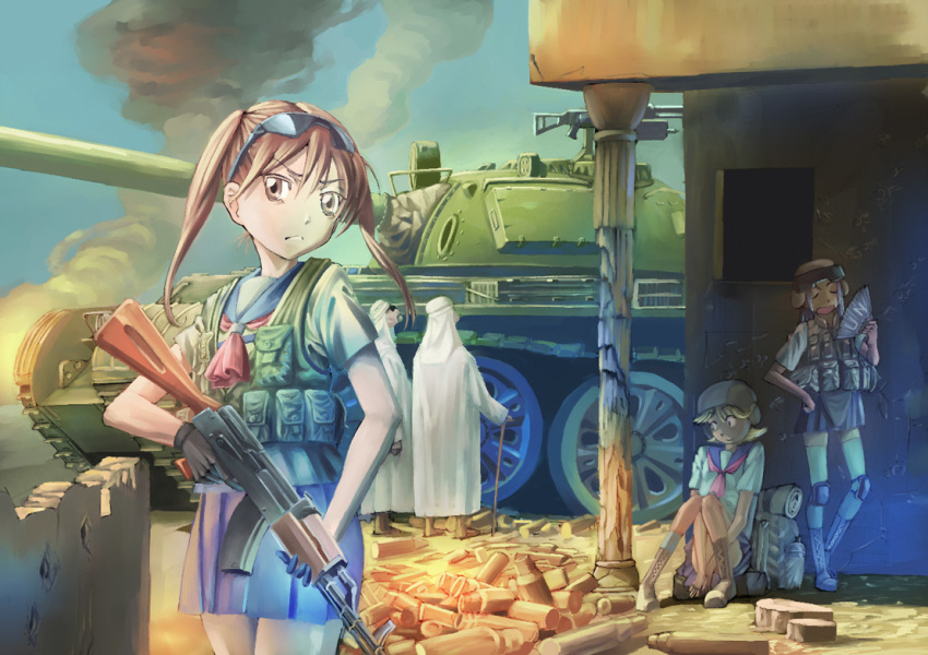 2boys 3girls akm assault_rifle bad_id bad_pixiv_id blonde_hair brown_eyes brown_hair graphite_(medium) gun hand_fan hironii_(hironi3) kalashnikov_rifle long_hair military military_vehicle motor_vehicle multiple_boys multiple_girls original rifle short_hair sky smoke t-55 tank traditional_media weapon