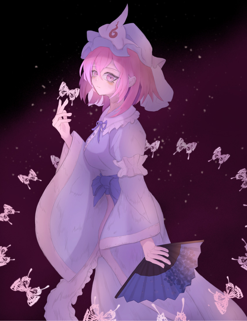 1girl :| absurdres blue_bow blue_hat blue_kimono blue_ribbon bow breasts bug butterfly closed_mouth commentary contrast_collar expressionless fingernails folding_fan frilled_hat frilled_sailor_collar frills hair_between_eyes hand_fan hat highres holding holding_fan insect japanese_clothes kimono long_sleeves looking_at_viewer lugoner1430 medium_breasts mob_cap neck_ribbon paper_fan pink_eyes pink_hair ribbon saigyouji_yuyuko sailor_collar solo touhou transparent_butterfly triangular_headpiece white_butterfly white_sailor_collar wide_sleeves