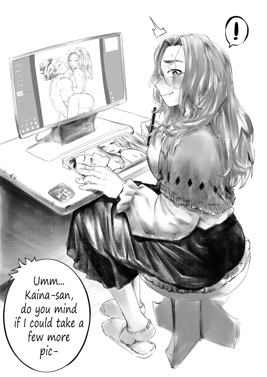! 1boy 1girl absurdres amano44 black_skirt blush boku_no_hero_academia bright_pupils caught computer crayon desk drawing_(action) embarrassed english_text facing_away full_body glasses greyscale highres holding holding_crayon holding_stylus lady_nagant long_hair long_skirt long_sleeves looking_at_viewer mature_female midoriya_izuku monitor monochrome no-show_socks on_stool pornography_production round_eyewear scar scar_on_face self-pornography shawl sitting skirt slippers socks solo_focus speech_bubble spoken_exclamation_mark stool stylus sweat white_pupils