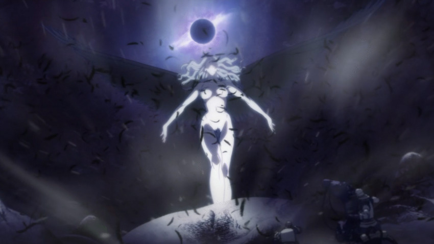 1girl animated animated_gif anime_screenshot armpits arms_up berserk black_feathers black_wings breasts collarbone colored_pubic_hair completely_nude eclipse evil_smile exhibitionism eyelashes fantasy feathers female_focus floating_hair giant giantess green_eyes green_hair green_pubic_hair groin highres huge_filesize knees large_breasts legs legs_together lips looking_up matching_hair/eyes mature_female moderate_pubic_hair navel neck night night_sky nipples nude official_art outdoors outstretched_arms pale_skin parted_bangs pubic_hair public_indecency pussy sidelocks sky slan_(berserk) slit_pupils smile spread_wings standing stomach surreal thighs wavy_hair wide_hips wind wings