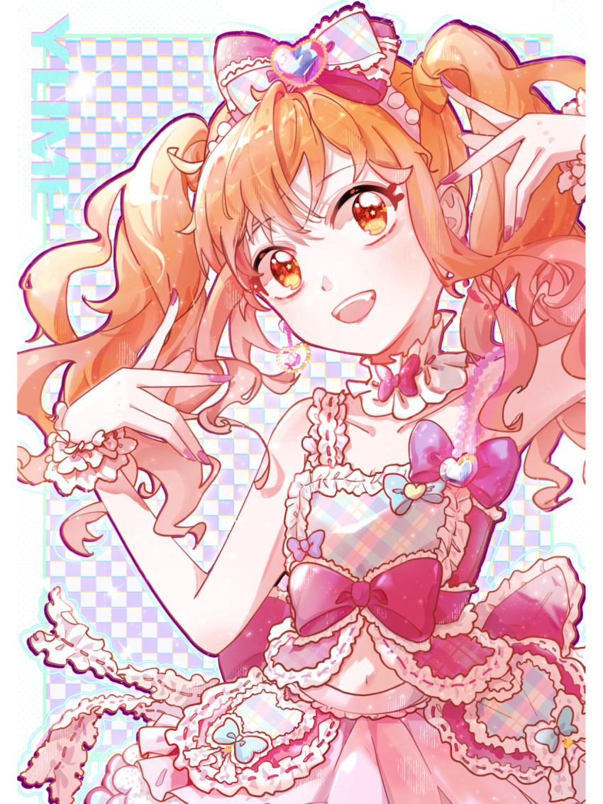 1girl aikatsu!_(series) aikatsu_stars! back_bow bare_shoulders blue_bow blue_outline border bow breasts brown_hair character_name chazui_ranyi chinese_commentary cleavage clothing_cutout collarbone commentary_request cowboy_shot dot_nose double_v earrings eyelashes fang frilled_bow frilled_skirt frilled_tank_top frilled_wrist_cuffs frills hair_between_eyes hair_bow happy heart heart_earrings heart_print highres idol jewelry light_blush light_particles long_hair miniskirt multicolored_bow multicolored_tank_top nail_polish navel nijino_yume open_mouth orange_eyes outline outside_border pink_bow pink_nails pink_skirt pink_tank_top plaid_background plaid_bow plaid_tank_top pleated_skirt pocket purple_background rainbow_gradient ribbon-trimmed_bow ribbon-trimmed_tank_top ribbon_trim single_earring skirt smile solo sparkle split-color_clothes standing stomach_cutout tank_top tareme teeth twitter_username two-tone_background upper_teeth_only v waist_bow wavy_hair white_background white_border white_wrist_cuffs wrist_cuffs