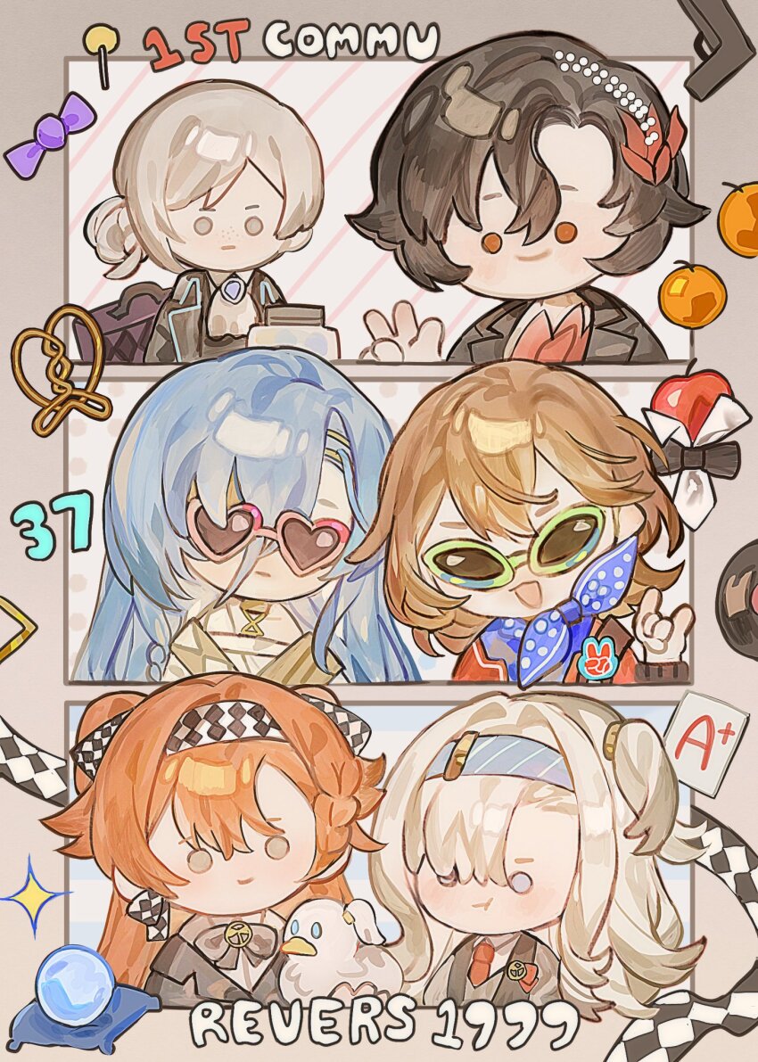 ._. 37_(reverse:1999) 6+girls :t \n/ ancient_greek_clothes apple apple_(reverse:1999) ascot bird black_bow black_bowtie black_coat black_hair blue_hair blue_hairband blue_neckerchief border bow bowtie brown_hair checkered_hairband checkered_ribbon chibi coat copyright_name crystal_ball duck facing_viewer feather_hair_ornament feathers food fruit greco-roman_clothes grey_border grey_bow grey_bowtie grey_eyes grey_hair grey_jacket gun hair_bun hair_ornament hairband hand_up handgun heart heart-shaped_eyewear highres hofmann_knot jacket long_hair marron_(illmarron) matilda_bouanich medium_hair multiple_girls neckerchief one_side_up open_mouth orange_(fruit) orange_hair pink-framed_eyewear polka_dot_neckerchief red_eyes red_jacket regulus_(reverse:1999) reverse:1999 schneider_(reverse:1999) shirt short_hair single_side_bun smile sonetto_(reverse:1999) sparkle suitcase sunglasses toga traditional_bowtie two_side_up vertin_(reverse:1999) w weapon white_ascot white_shirt