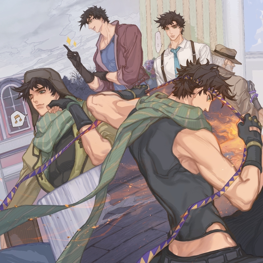 ... 5boys aged_up battle_tendency beard bomber_hat bomber_jacket brown_hair brown_jacket crop_top facial_hair fingerless_gloves fire gloves green_eyes green_scarf grey_hair headband hermit_purple jacket jojo_no_kimyou_na_bouken joseph_joestar joseph_joestar_(old) joseph_joestar_(young) male_focus midriff multiple_boys multiple_persona musical_note necktie old old_man one_eye_closed plant scarf smoke spoken_musical_note stand_(jojo) stardust_crusaders striped_clothes striped_scarf suspenders vertical-striped_clothes vertical-striped_scarf vines white_gloves
