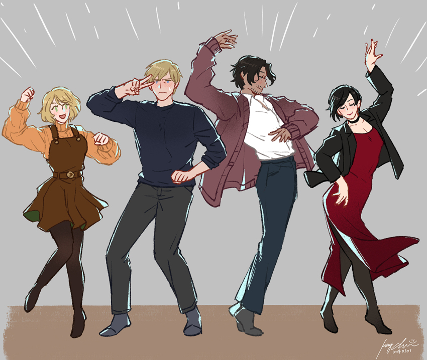 2boys 2girls ada_wong ashley_graham beard_stubble black_choker black_hair black_jacket black_pantyhose blonde_hair blue_eyes blue_pants blue_sweater breasts brown_cardigan brown_dress brown_hair cardigan choker cleavage closed_eyes closed_mouth collared_shirt dancing dated dress facial_hair full_body furrowed_brow grey_background grey_pants grey_socks hand_up jacket kay924026 leon_s._kennedy long_dress looking_at_another luis_sera medium_breasts multiple_boys multiple_girls no_shoes open_mouth orange_sweater pants pantyhose parted_bangs red_dress resident_evil resident_evil_4 shirt short_dress short_hair side_slit sign smile socks stubble sweater sweater_under_dress swept_bangs v white_shirt
