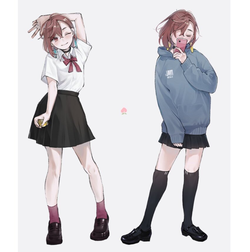 1girl arm_behind_head ayase_momo ball black_choker black_shoes black_skirt black_socks blue_hoodie border bow brown_eyes brown_hair brown_socks choker closed_eyes collared_shirt comimingming crossed_bangs dandadan earrings full_body grey_background hair_between_eyes hair_over_one_eye highres holding holding_ball holding_phone hood hood_down hoodie jewelry kneehighs loafers medium_hair multiple_views one_eye_closed phone pleated_skirt red_bow shirt shoes short_sleeves skirt sleeves_past_wrists smile socks v white_border white_shirt