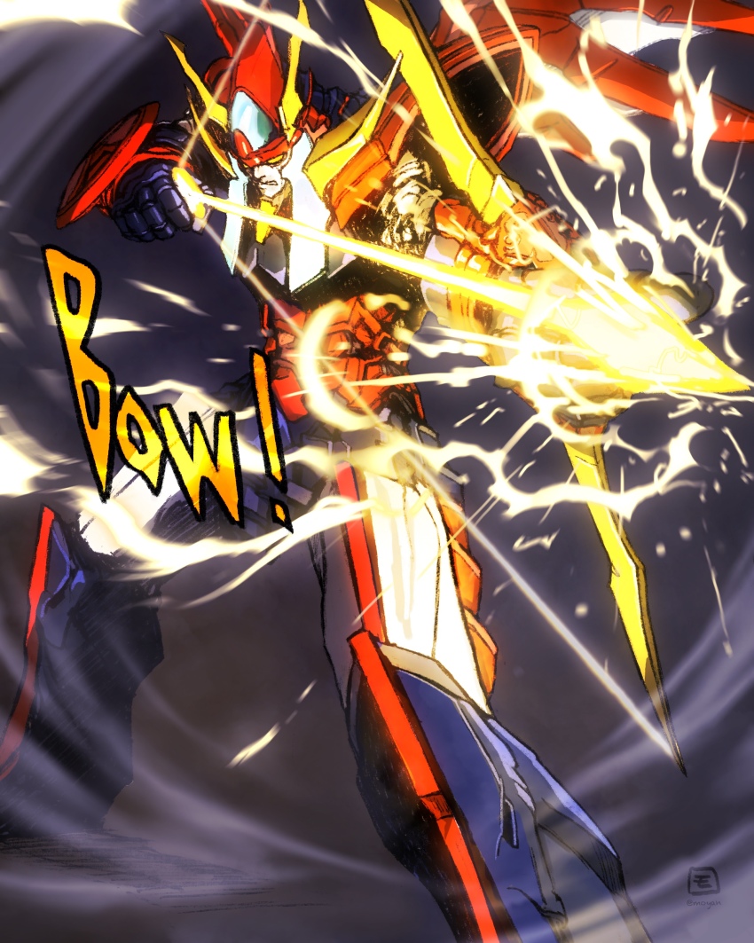absurdres bow_(weapon) clenched_teeth energy_arrow highres holding holding_bow_(weapon) holding_weapon mecha mecha_focus mechanical_wings moyan parted_lips procreate_(medium) raideen_(mecha) raideen_(series) robot science_fiction solo sound_effects super_robot teeth weapon wind wings yellow_eyes yuusha_raideen