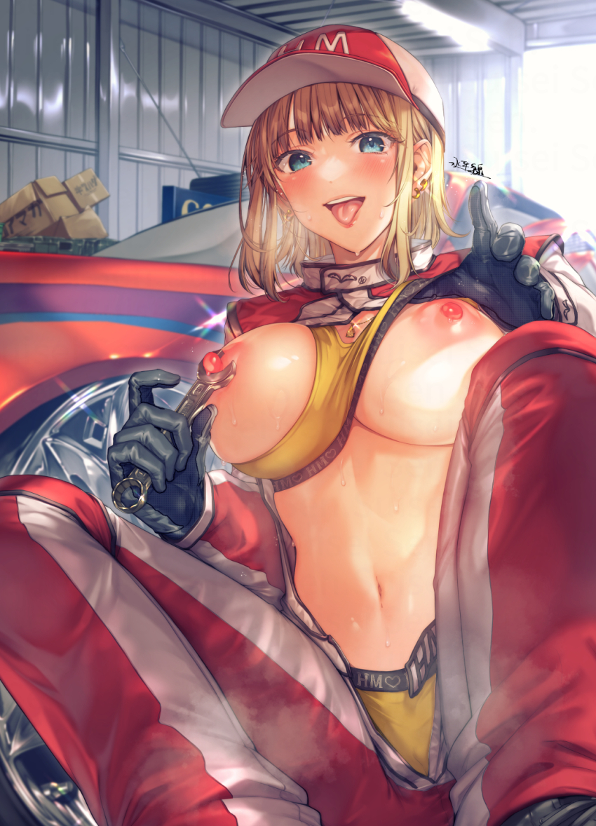 1girl artist_name baseball_cap black_gloves blonde_hair blue_eyes blunt_bangs blush box bra breast_slip breasts breasts_out car cardboard_box clothes_lift comic_hotmilk commentary_request earrings gloves hat highres holding holding_wrench indoors jacket jewelry jumpsuit large_breasts looking_at_viewer mechanic midriff motor_vehicle multicolored_jacket navel necklace nipples open_clothes open_jacket open_mouth orange_sports_bra original panties pants red_jacket red_pants short_hair sidelocks signature sitting solo sports_bra sports_bra_lift stud_earrings suihei_sen sweat teeth tongue tongue_out two-tone_jacket two-tone_pants underwear uniform upper_teeth_only warehouse white_jacket white_pants wrench yellow_bra yellow_panties