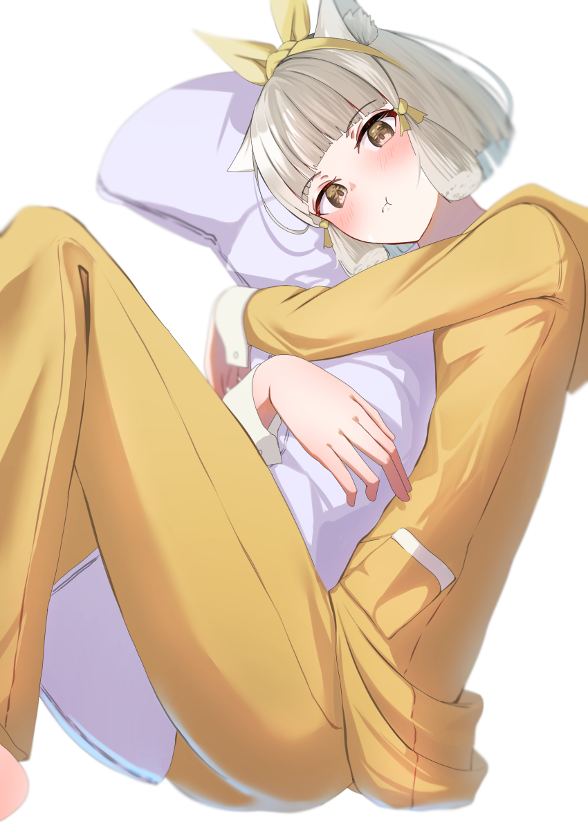 1girl :t absurdres animal_ear_fluff animal_ears blush cat_ears cat_girl commentary_request eteko_(eteco30) grey_hair highres hug hugging_object looking_at_viewer nia_(xenoblade) pajamas pillow pillow_hug pout short_hair sitting solo white_background xenoblade_chronicles_(series) xenoblade_chronicles_2 yellow_eyes yellow_pajamas