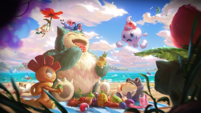 absurdres anger_vein beach berry_(pokemon) blue_sky blurry blurry_foreground cherry claws cloud crying cup day ditto eating empoleon fangs fletchling floette floette_(red_flower) food fruit gen_1_pokemon gen_3_pokemon gen_4_pokemon gen_5_pokemon gen_6_pokemon groudon highres ivysaur kyogre legendary_pokemon magikarp meowth milotic nintendo no_humans ocean oran_berry outdoors picnic pikachu poke_ball poke_ball_(basic) pokemon pokemon_(creature) poliwhirl rayquaza razz_berry sad scrafty shore sitting skitty sky snorlax splashing squirtle swellow wailmer wer_(no0701)