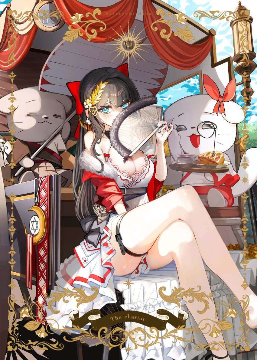 absurdres black_hair blue_eyes blush bow braid breasts card_(medium) carriage chariot cleavage covering_face crossed_legs folding_fan food fur_trim haedungi_(shirayuki_hina) hair_bow hair_ornament hand_fan heart heart_hair_ornament highres holding holding_fan holding_tray large_breasts long_hair looking_at_viewer monocle pie red_bow roman_numeral shirayuki_hina single_braid sitting slow_2pin solo stellive tarot tea the_chariot_(tarot) thigh_strap tray virtual_youtuber