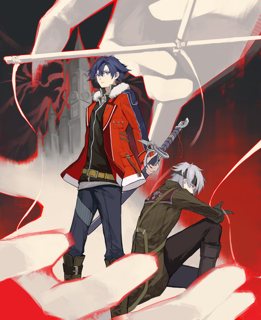 2boys absurdres belt black_footwear black_headband black_pants blue_hair blue_pants boots breast_pocket brown_coat brown_footwear closed_mouth coat commentary_request crow_armbrust eiyuu_densetsu fur-trimmed_jacket fur_trim grey_hair hair_between_eyes headband high_collar highres holding holding_sword holding_weapon jacket male_focus multiple_boys open_clothes open_jacket outline pants pocket purple_eyes rean_schwarzer red_background red_eyes red_jacket red_outline sen_no_kiseki sen_no_kiseki_(series) sen_no_kiseki_ii short_hair shuimian_buzu_renjian sitting standing sword weapon