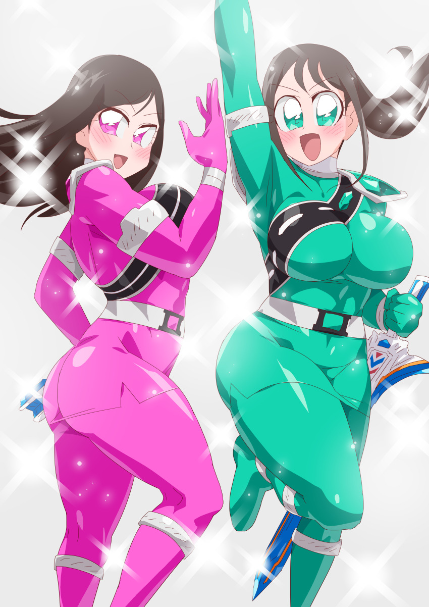 2girls absurdres bodysuit brown_hair green_eyes hayami_sena highres mashin_sentai_kiramager multiple_girls no_headwear ooharu_sayo otokamu pink_eyes super_sentai
