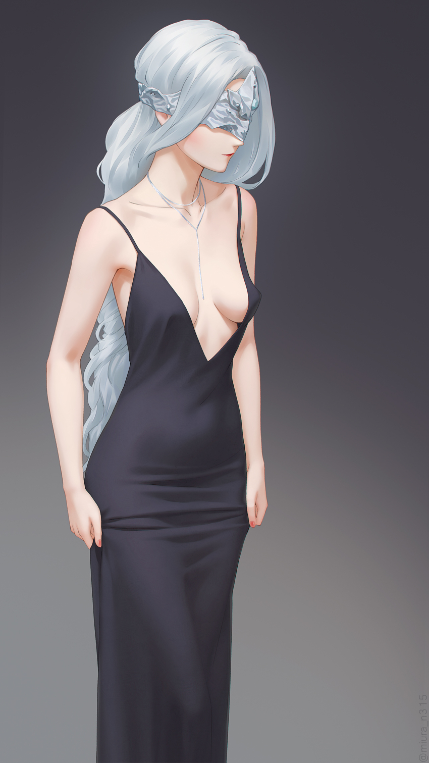 1girl alternate_costume bare_arms bare_shoulders black_dress blindfold breasts closed_mouth collarbone covered_eyes dark_souls_(series) dark_souls_iii dress feet_out_of_frame fire_keeper gradient_background grey_background grey_hair highres jewelry long_hair mask medium_breasts miura-n315 necklace solo standing very_long_hair