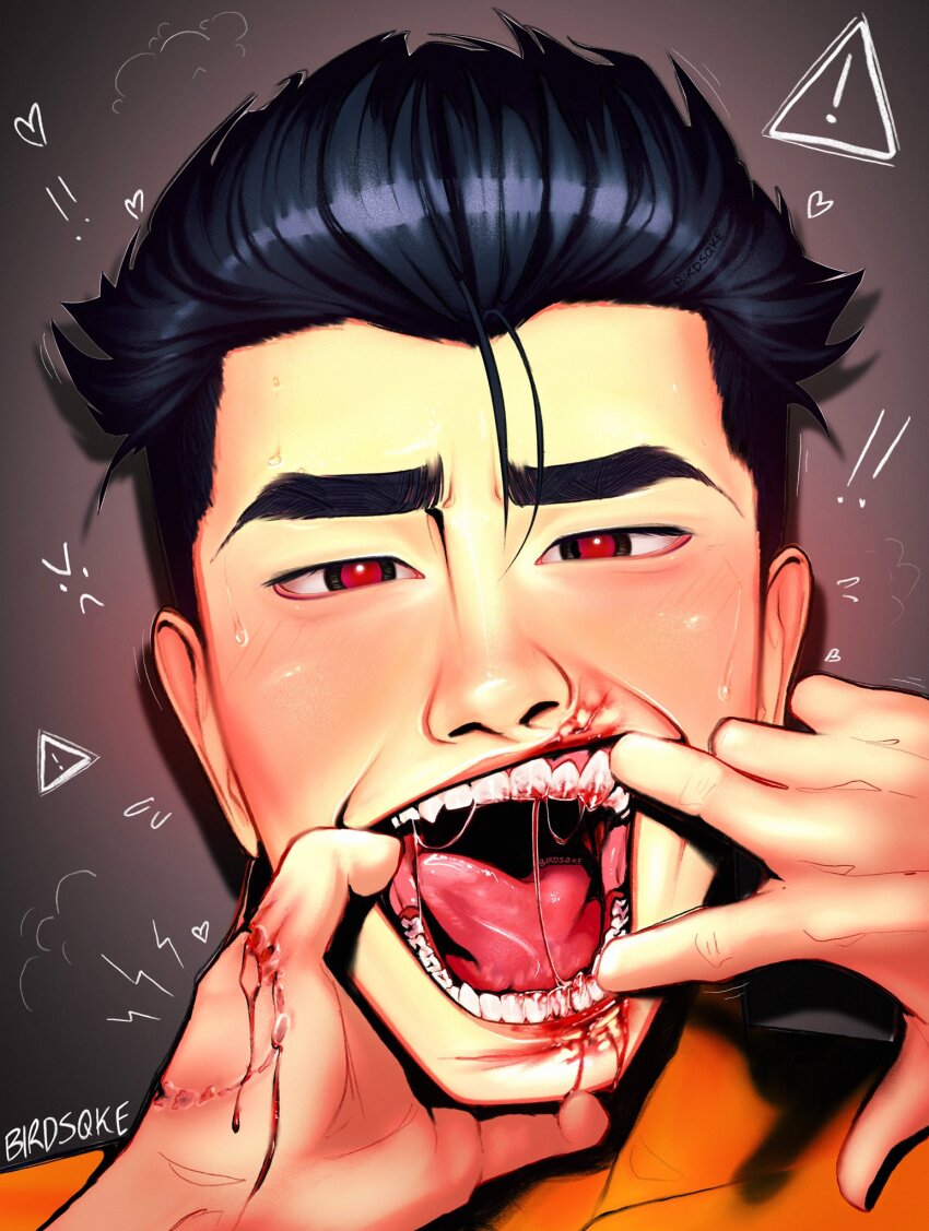 ! !! 1boy 1other artist_name birdsqke black_hair blood bodysuit brown_background fangs highres invincible_(series) looking_at_viewer male_focus open_mouth pov pov_hands red_eyes saliva short_hair sinister_invincible solo_focus spoilers tongue tongue_out upper_body yellow_bodysuit