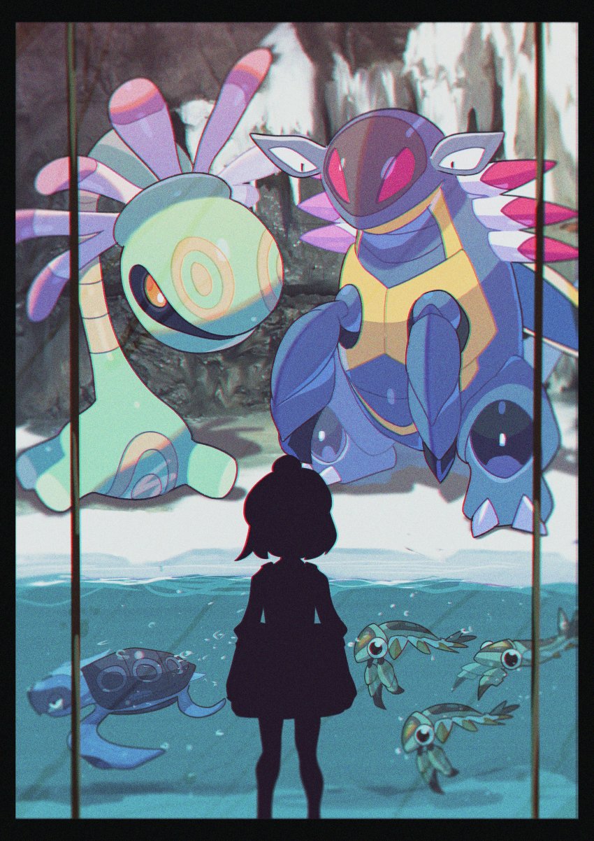 1girl absurdres air_bubble anorith armaldo bubble claws commentary_request cradily film_grain gen_3_pokemon gen_5_pokemon glass gloria_(pokemon) highres nintendo orange_eyes pokemon pokemon_(creature) pokemon_swsh saiku_(zvlku) shore silhouette standing swimming tirtouga underwater water