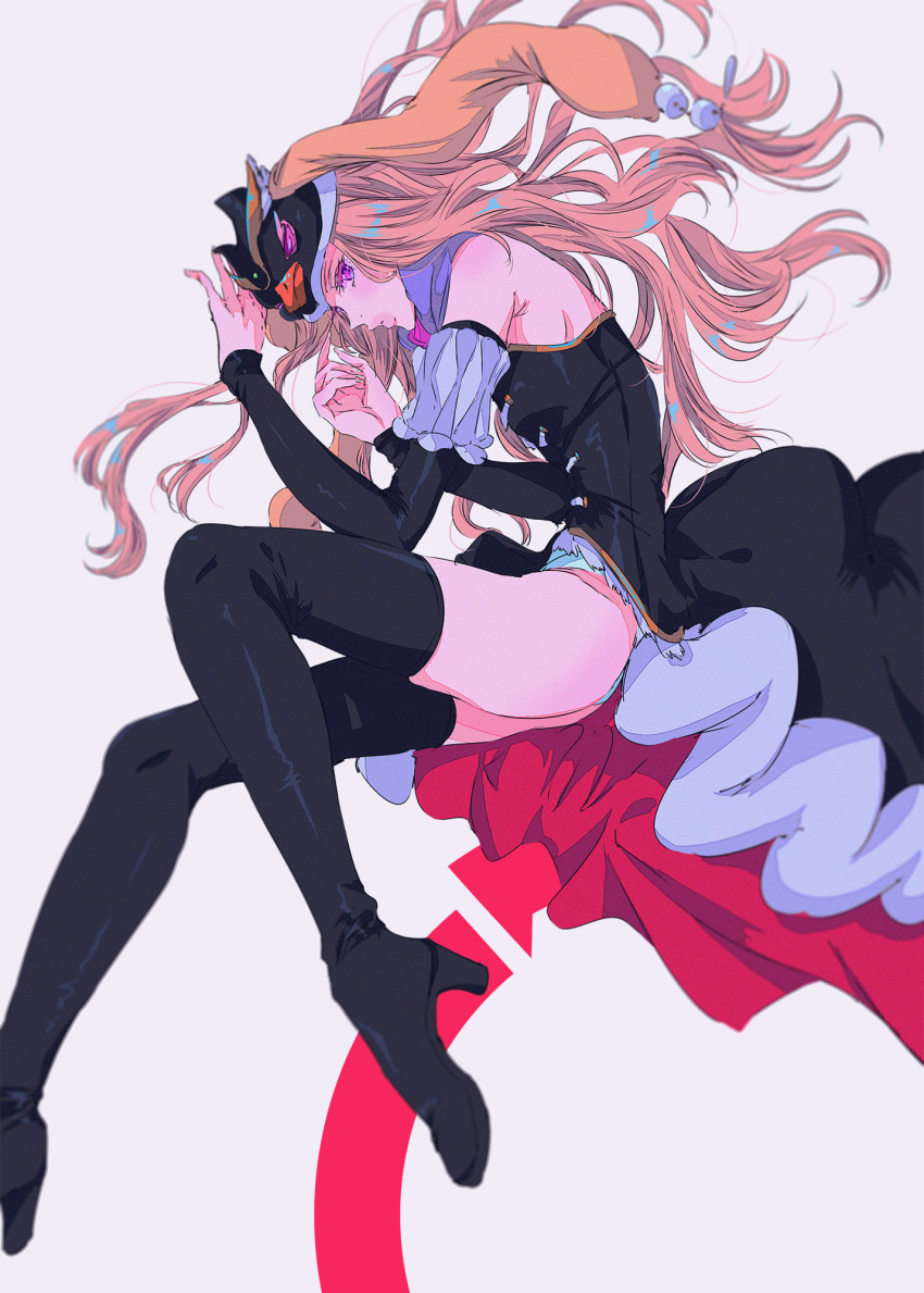 1girl black_boots black_dress black_sleeves blonde_hair boots detached_sleeves dress full_body grey_background hands_up high_heel_boots high_heels highres long_hair looking_at_viewer mawaru_penguindrum najuco_(naju0517) princess_of_the_crystal profile purple_eyes simple_background solo thigh_boots thighhighs