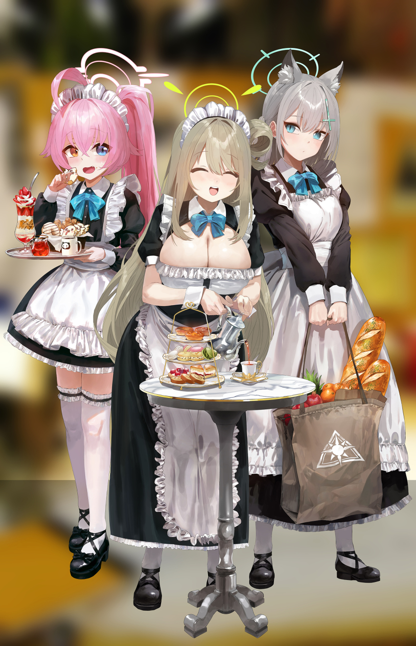 3girls :d absurdres ahoge alternate_costume alternate_hairstyle animal_ear_fluff animal_ears apron bag baguette blue_archive blue_bow blue_bowtie blue_eyes blurry bow bowtie bread breasts brown_hair cake character-themed_food cleavage closed_eyes closed_mouth coffee coffee_mug commentary_request cross_hair_ornament cup depth_of_field drink drinking_glass enmaided extra_ears food fruit full_body grey_hair hair_between_eyes hair_ornament halo heterochromia highres holding holding_bag holding_tray hoshino_(blue_archive) korean_commentary large_breasts long_hair long_sleeves looking_at_another macaron maid maid_apron maid_headdress medium_hair mismatched_pupils mo_ne mug multiple_girls nonomi_(blue_archive) one_side_up open_mouth outdoors parfait peroro_(blue_archive) pink_hair ponytail pouring shiroko_(blue_archive) shopping_bag sidelocks skullman_(blue_archive) smile standing strawberry_parfait sweatdrop table tea teacup teeth tongue tray upper_teeth_only vegetable wine_glass wolf_ears wolf_girl