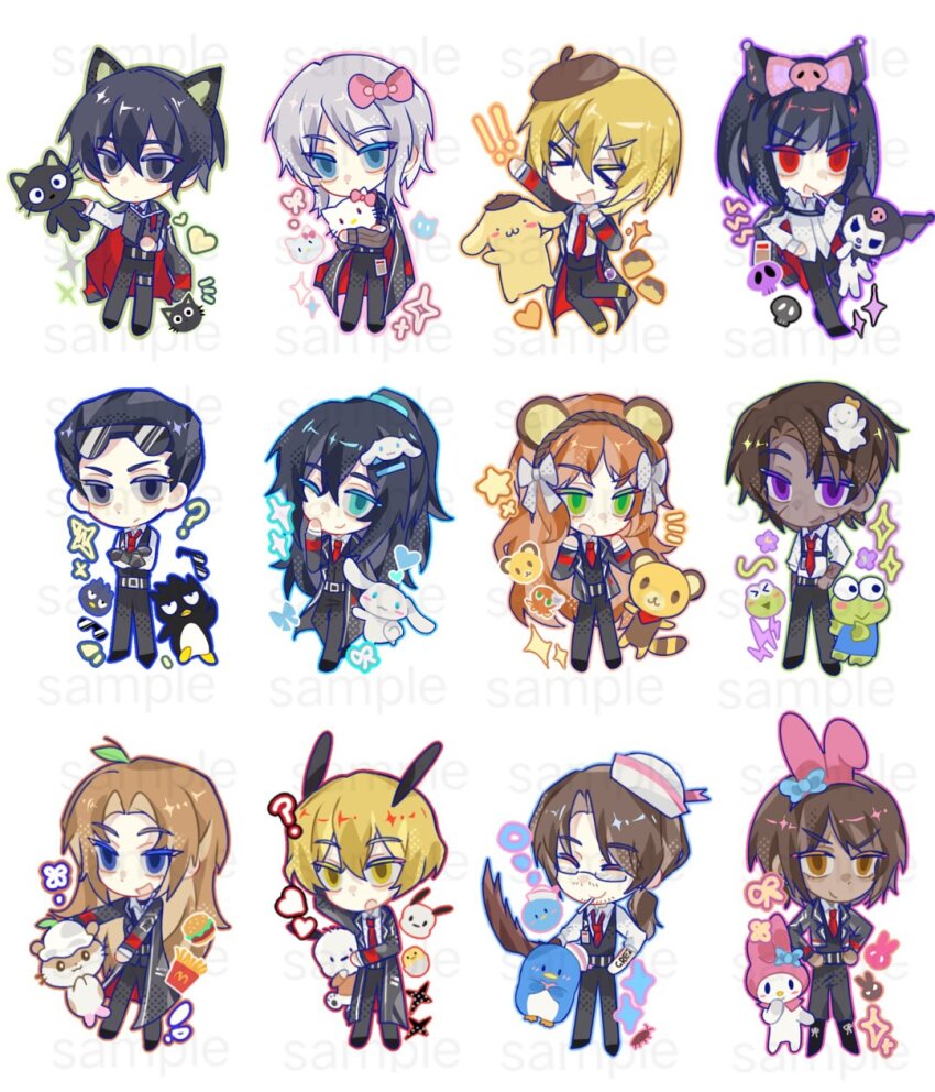 ! !! &gt;_&lt; 6+boys 6+girls :o ;) ? ^_^ animal_ears animalization aqua_eyes arm_up badtz-maru beard_stubble belt beret black_belt black_bow black_coat black_hair black_jacket black_pants black_vest blonde_hair blue_eyes bow brown_hair brown_hairband brown_hat bug burger cat_boy cat_ears character_hair_ornament chibi chinese_commentary chococat cigarette cinnamoroll closed_eyes coat coat_on_shoulders cockroach collared_shirt commentary_request corocorokuririn crossed_arms dark-skinned_female dark-skinned_male dark_skin dog_ears don_quixote_(project_moon) everyone eyewear_on_head facial_hair faust_(project_moon) food french_fries full_body fuwa_fuwa_cinnamoroll green_eyes gregor_(project_moon) grey_eyes grey_hair hair_between_eyes hair_bow hair_ornament hairband hairclip hands_on_own_hips hands_up hasunoue_keroppi hat heart heathcliff_(project_moon) hello_kitty hello_kitty_(character) highres hong_lu_(project_moon) hst1944154 insect ishmael_(project_moon) jacket kuromi latte_(sanrio) leaf leaf_on_head lightning_bolt_symbol limbus_company long_hair long_sleeves meursault_(project_moon) multiple_boys multiple_girls mustache_stubble my_melody necktie one_eye_closed open_clothes open_coat open_jacket open_mouth orange_eyes orange_hair outis_(project_moon) pants pink_bow pochacco pompompurin ponytail project_moon pudding purple_eyes red_eyes red_necktie red_panda_ears rodion_(project_moon) ryoshu_(project_moon) sailor_hat sample_watermark sanrio scar scar_on_arm scar_on_face shirt short_hair short_sleeves sinclair_(project_moon) skull smile sparkle stubble sunglasses tuxedo_sam uniform vest watermark white_bow white_shirt wing_collar yi_sang_(project_moon)