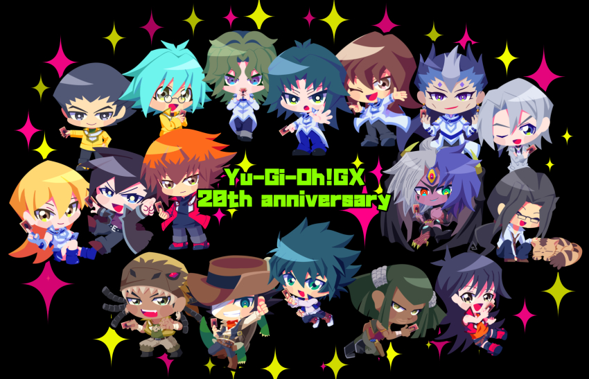 anniversary austin_o&#039;brien black_background card chibi chibi_only crocodile crocodilian daitokuji demon_girl duel_academy_uniform_(yu-gi-oh!_gx) duel_monster edo_phoenix everyone fujiwara_yuusuke heterochromia highres holding holding_card jim_crocodile_cook johan_andersen manjoume_jun marufuji_ryo misawa_daichi multicolored_hair otowaika pharaoh_(cat) saio_takuma saotome_rei smile sparkle tenjouin_asuka tenjouin_fubuki tyranno_kenzan yu-gi-oh! yu-gi-oh!_gx yubel yuki_judai
