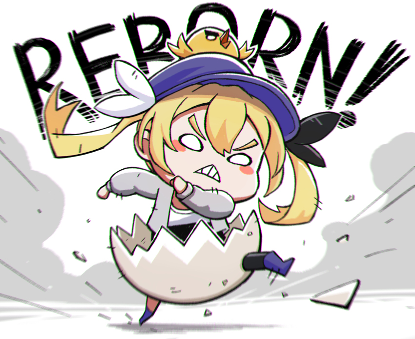 1girl angry bird blank_eyes blonde_hair blush_stickers broken_egg cracked_egg cracked_shell dokibird_(vtuber) dokibird_(vtuber)_(retro_doki) eggshell grey_jacket hat highres indie_virtual_youtuber jacket long_hair solo tubslab twintails virtual_youtuber white_background yellow_bird
