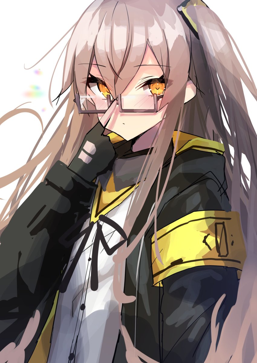 1girl 404_logo_(girls&#039;_frontline) absurdres armband bespectacled black_gloves black_jacket black_ribbon brown_hair collared_shirt eyes_visible_through_hair fingerless_gloves girls&#039;_frontline glasses gloves highres jacket kamiya_mitobe long_hair neck_ribbon one_side_up rectangular_eyewear ribbon shirt simple_background solo ump45_(girls&#039;_frontline) upper_body white_shirt yellow_eyes