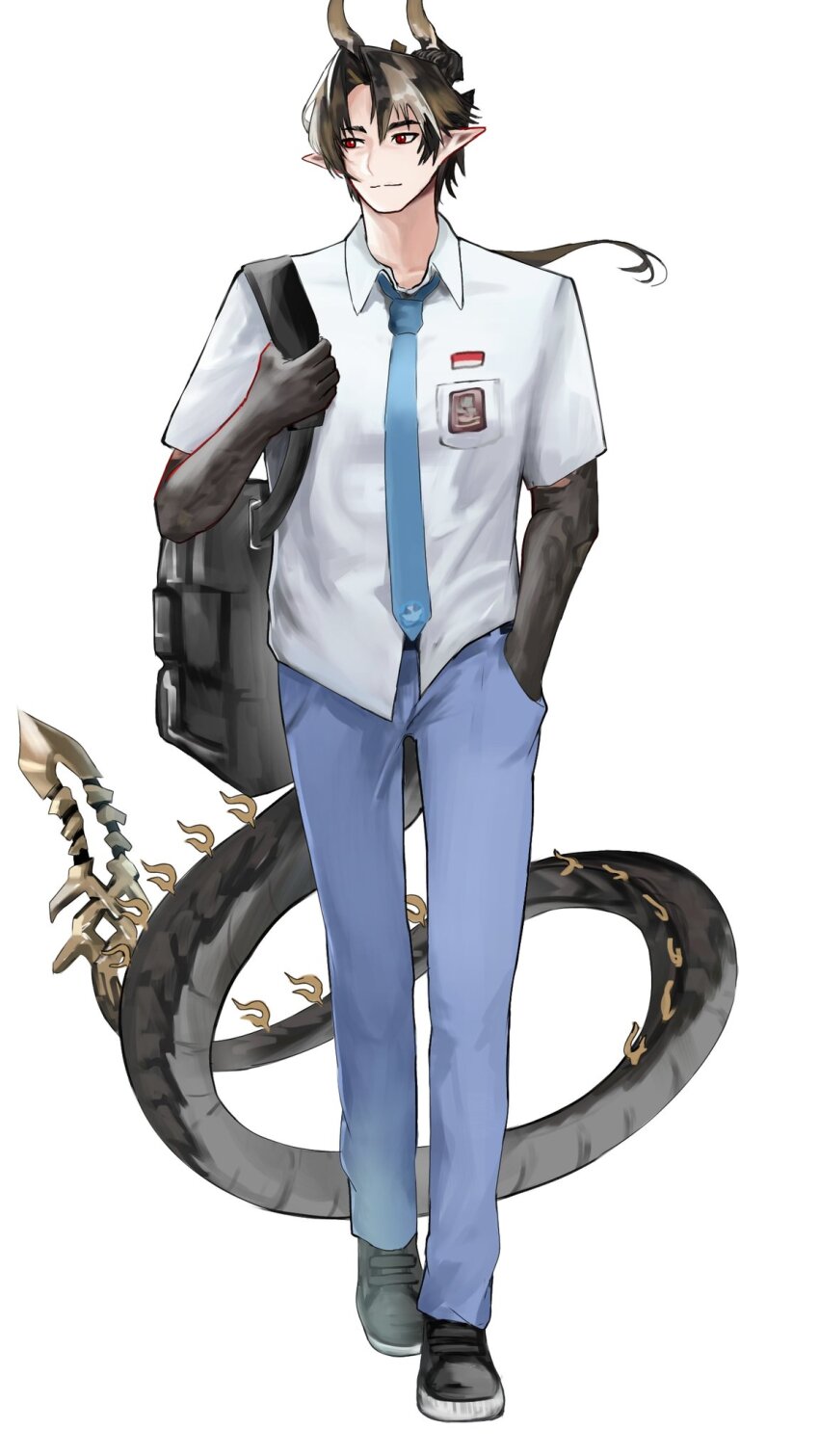 1boy alternate_costume arknights black_hair black_shoes blue_necktie blue_pants chongyue_(arknights) closed_mouth collared_shirt colored_extremities commentary commentary_typo english_commentary full_body grey_hair hair_between_eyes hair_intakes hand_in_pocket highres horns ikmaln300_(mal008) indonesian_high_school_uniform long_hair male_focus multicolored_hair necktie pants red_eyes school_uniform shirt shoes short_sleeves simple_background solo split_mouth standing streaked_hair tail white_background white_shirt