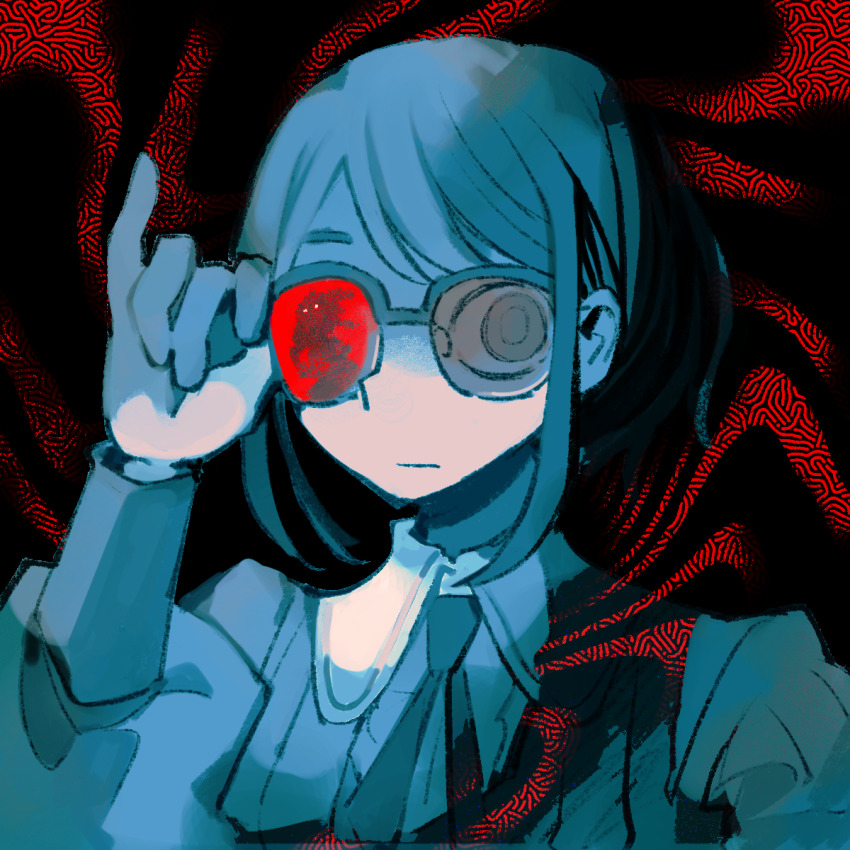 1girl adjusting_eyewear closed_mouth collared_shirt distortion expressionless fukurai_azami glasses hand_on_eyewear hand_up highres limited_palette long_sleeves looking_at_viewer reflective_eyewear shirt short_hair solo soumenhiyamugi toshi_densetsu_kaitai_center upper_body