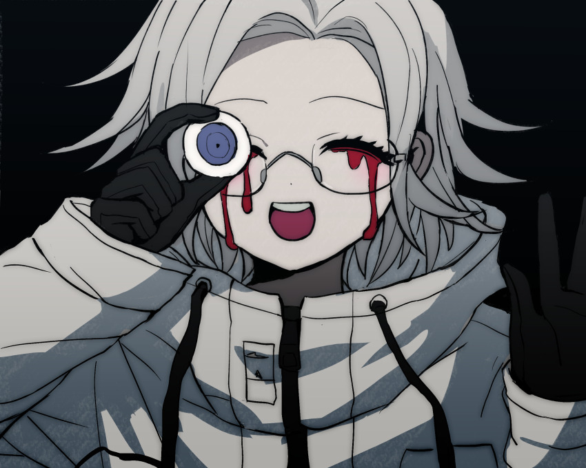 1boy :d ^_^ aotsuki_eito arm_up arms_up black_background black_gloves blood bloody_tears blue_eyes chinese_commentary closed_eyes drawstring eyeball facing_viewer glasses gloves grey_hair highres holding_eyeball jacket male_focus open_mouth portrait robinthebird007 short_hair simple_background smile solo teeth the_hundred_line_-last_defense_academy- upper_teeth_only waving white_jacket zipper