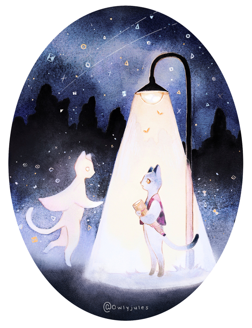 1boy artist_name border cityscape commentary english_commentary flashlight furry ghost glowing highres holding holding_flashlight lamppost night night_sky original outdoors oval_image owlyjules painting_(medium) sky spotlight standing star_(sky) starry_sky traditional_media twitter_username vest watercolor_(medium) white_border