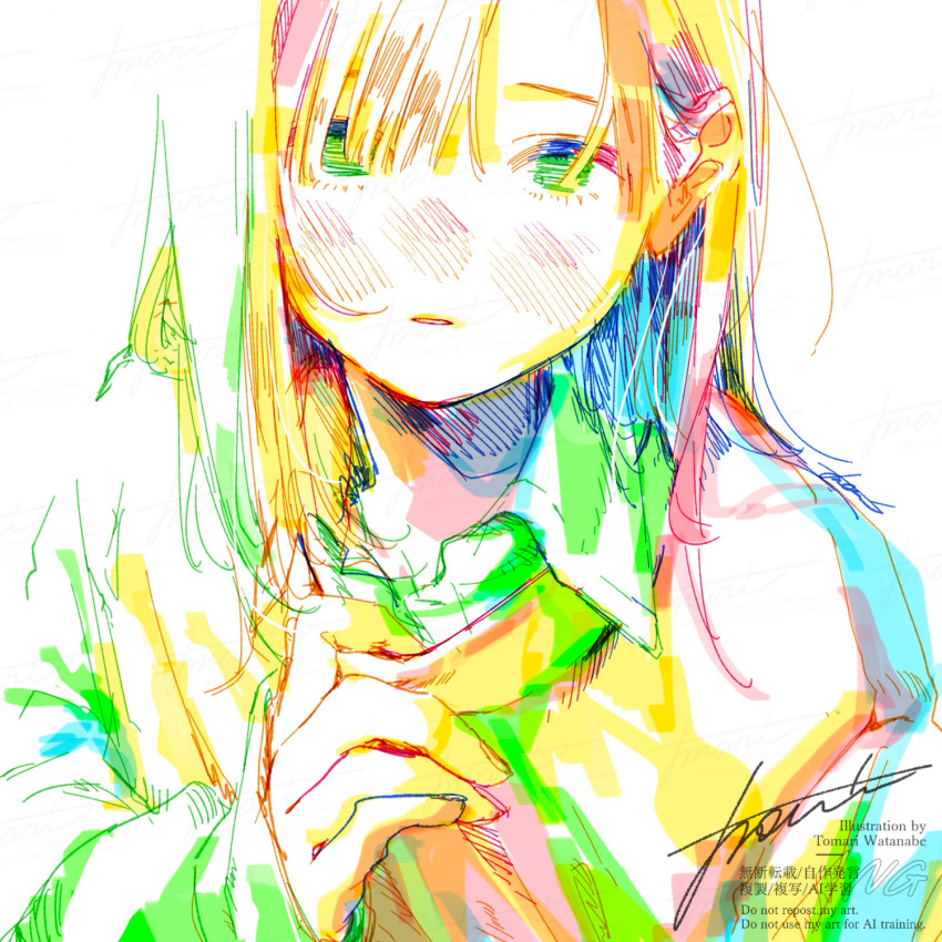1girl artist_name blush collared_shirt colorful hand_up hatching_(texture) highres long_hair long_sleeves looking_at_viewer original procreate_(medium) shirt signature simple_background solo sweater upper_body watanabe_tomari watermark