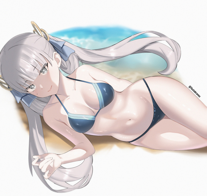 1girl absurdres bikini black_bikini breasts cleavage colored_eyelashes cowboy_shot hair_rings highres jinhsi_(wuthering_waves) long_hair looking_at_viewer lying medium_breasts millerbrave mole mole_on_cheek navel on_side solo swimsuit twintails very_long_hair white_eyelashes white_eyes white_hair wuthering_waves