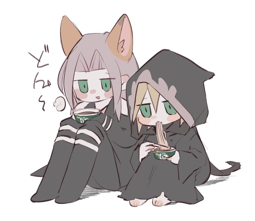 2boys absolute_newb animal_ears armor barefoot black_coat black_footwear black_gloves black_pants black_robe blonde_hair blush_stickers boots bowl chibi chopsticks cloud_strife coat cup_ramen donbee_(food) donbei_kitsune_udon eating final_fantasy final_fantasy_vii food food_in_mouth fox_ears full_body gloves green_eyes grey_hair happy highres holding holding_bowl holding_chopsticks holding_food hood hood_up hooded_robe instant_udon kemonomimi_mode knees_up long_bangs long_hair male_focus multiple_boys nissin_donbei noodles official_alternate_costume official_alternate_eye_color open_mouth pants parted_bangs pauldrons robe sephiroth short_hair shoulder_armor simple_background sitting smile steam translation_request white_background