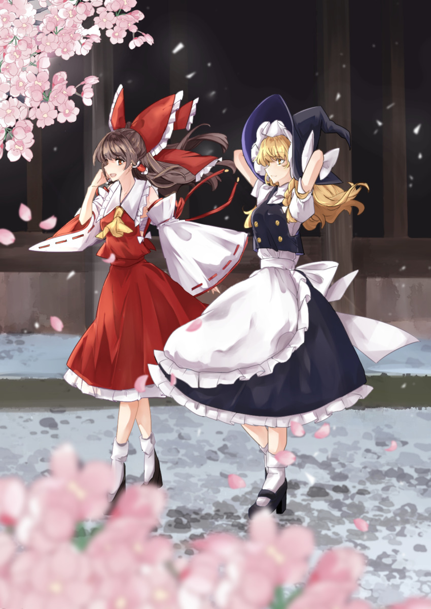 2girls absurdres apron arm_up arms_behind_head ascot back_bow black_skirt black_vest blonde_hair blush bobby_socks bow braid breasts brown_eyes brown_hair cherry_blossoms detached_sleeves frilled_shirt_collar frills fuko_(fukkofuko) full_body hair_bow hair_tubes hakurei_reimu hand_on_headwear hands_up hat hat_bow high_collar highres kirisame_marisa long_hair long_sleeves looking_at_viewer mary_janes medium_hair multiple_girls nontraditional_miko one_eye_closed open_mouth petals petticoat puffy_short_sleeves puffy_sleeves purple_bow red_shirt red_skirt sarashi shirt shoes short_sleeves side_braid single_braid skirt skirt_set small_breasts smile socks standing touhou veranda vest waist_apron white_shirt white_socks witch_hat wooden_floor yellow_ascot yellow_eyes
