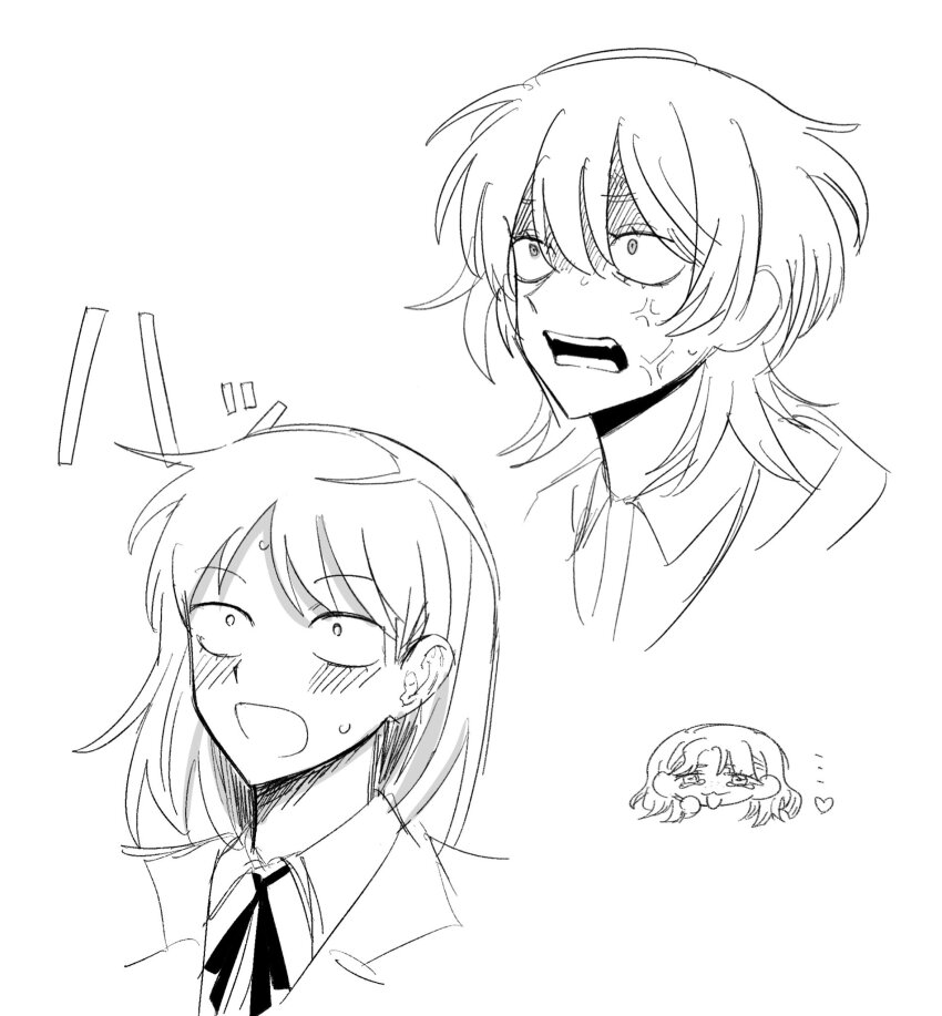 3girls :3 :d :o anger_vein angry blush chibi chibi_inset collared_shirt commentary_request dakara_bokuha fujii_ayame furious futsuu_no_keion-bu greyscale hatono_chihiro heart highres monochrome multiple_girls neck_ribbon open_mouth portrait ribbon scene_reference shaded_face shirt short_hair simple_background small_sweatdrop smile tears teeth tsuru_asaka white_background wolf_cut