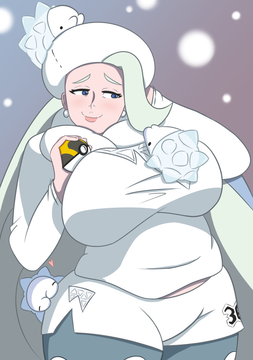 1girl absurdres blue_eyes breasts bug earrings fur_collar gen_8_pokemon half-closed_eyes hat highres jewelry large_breasts long_hair long_sleeves mature_female melony_(pokemon) multicolored_hair nintendo pantyhose pantyhose_under_shorts pearl_earrings poke_ball pokemon pokemon_(creature) pokemon_swsh profcarson raised_eyebrows shorts side_slit side_slit_shorts smile snom streaked_hair sweater ultra_ball ushanka white_hat white_sweater worm