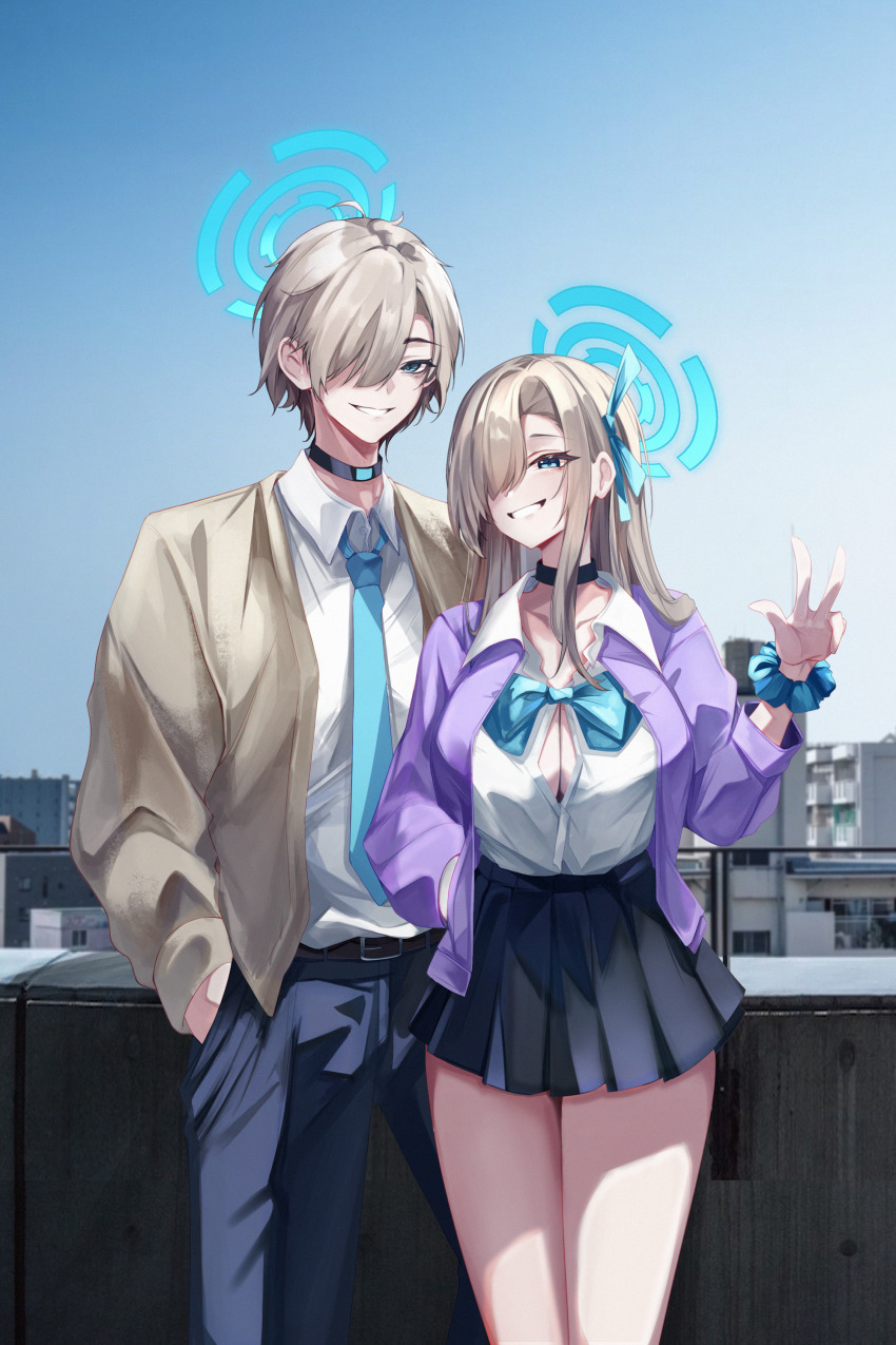 1boy 1girl absurdres alternate_costume asuna_(blue_archive) asuna_(school_uniform)_(blue_archive) black_choker black_skirt blue_archive blue_bow blue_bowtie blue_eyes blue_halo blue_necktie blue_pants bow bowtie breasts brown_hair choker cleavage collared_shirt commentary day dual_persona frilled_wristband genderswap genderswap_(ftm) grin hair_over_one_eye halo hand_in_pocket hand_up highres jacket large_breasts long_hair looking_at_viewer male_focus miisang47 necktie official_alternate_costume open_clothes open_jacket outdoors pants partially_unbuttoned pleated_skirt purple_jacket shirt skirt smile very_long_hair w white_shirt