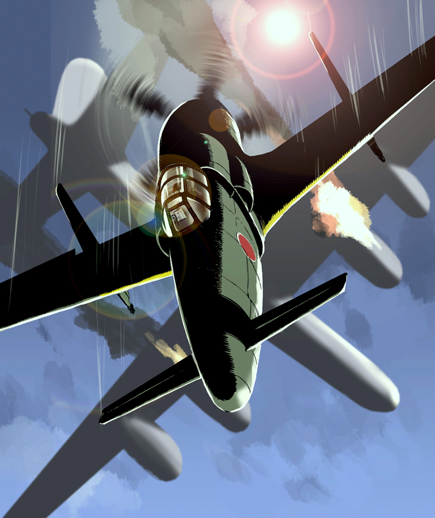 aircraft airplane b-29_superfortress blue_sky bomber burning commentary fire highres imperial_japanese_army j7w_shinden lens_flare matsuda_juukou military_vehicle motion_blur motion_lines no_humans original propeller_fighter roundel sky vehicle_focus world_war_ii