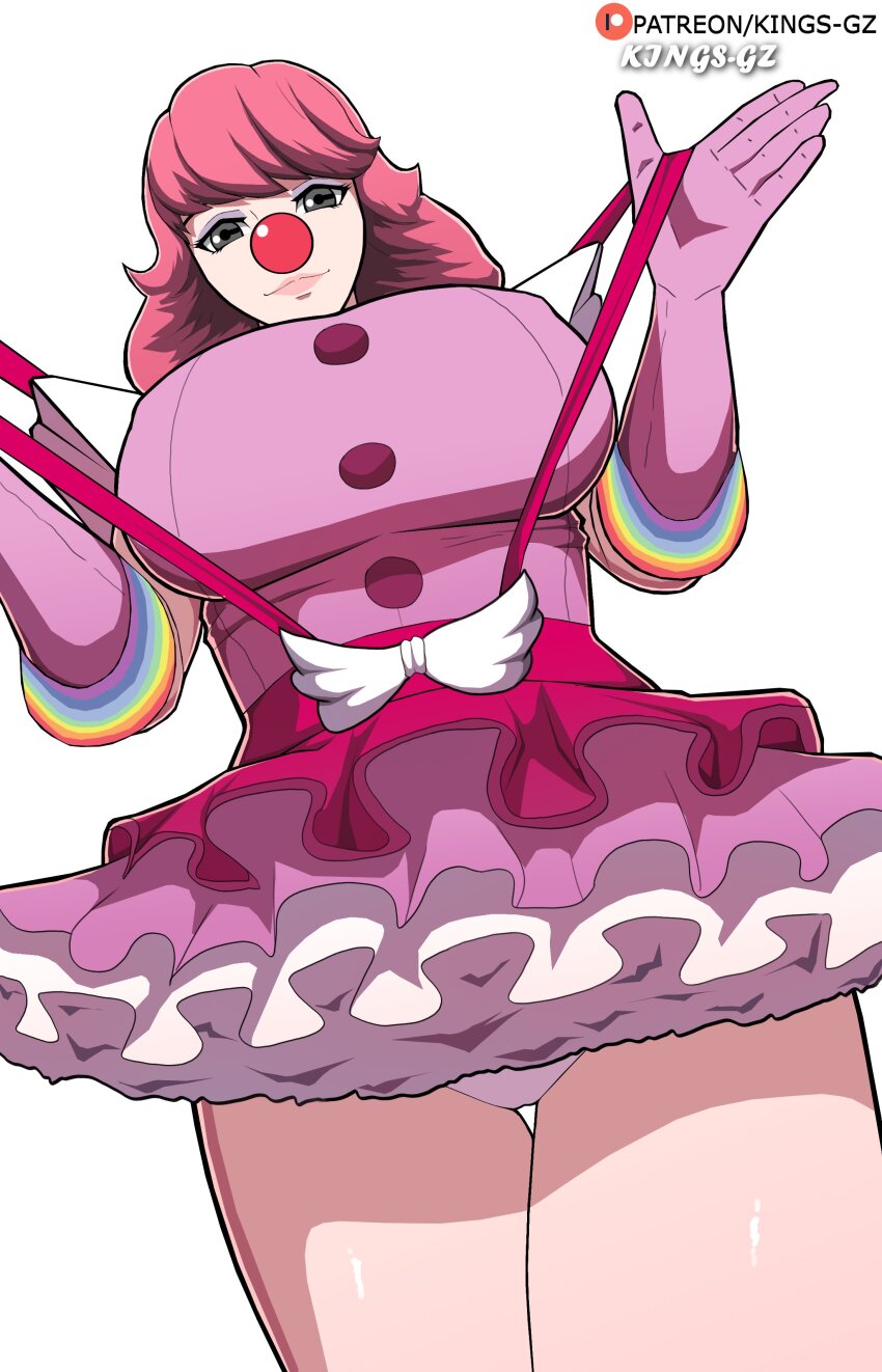 1girl absurdres ace_attorney breasts capcom clown_girl clown_nose female_focus frilled_skirt frills from_below geiru_toneido gloves highres kings-gz large_breasts lips looking_at_viewer medium_hair panties pantyshot phoenix_wright:_ace_attorney_-_spirit_of_justice pink_hair rainbow skirt solo suspenders suspenders_pull thick_thighs thigh_gap thighs underwear