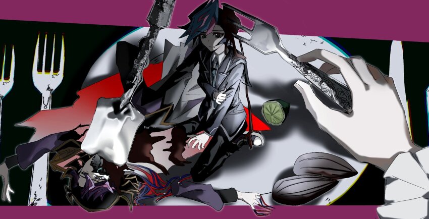 2boys ai_(yu-gi-oh!) alternate_form android arm_out_of_frame black_background black_cape black_hair black_pants black_sailor_collar black_shoes blazer bleeding blood blood_on_clothes blood_on_ground blood_splatter blue_necktie border cable cape circuit_board coat colored_bangs death dismemberment dress_shirt empty_eyes exposed_internal_machinery facing_another food fork fruit fujiki_yusaku grey_eyes hand_on_ground hand_on_own_arm highres holding holding_fork humanoid_robot impaled jacket kitchen_knife kneeling knife lime_(fruit) looking_at_another loose_necktie male_focus missing_limb multiple_boys murder necktie on_ground on_plate open_clothes open_coat ornate_border outstretched_arms pants partially_shaded_face plate pool_of_blood pov purple_border purple_shirt robot sailor_collar scared school_uniform screen0624 seed severed_arm severed_limb shirt shoes size_difference spiked_hair sunflower_seed wire yu-gi-oh! yu-gi-oh!_vrains