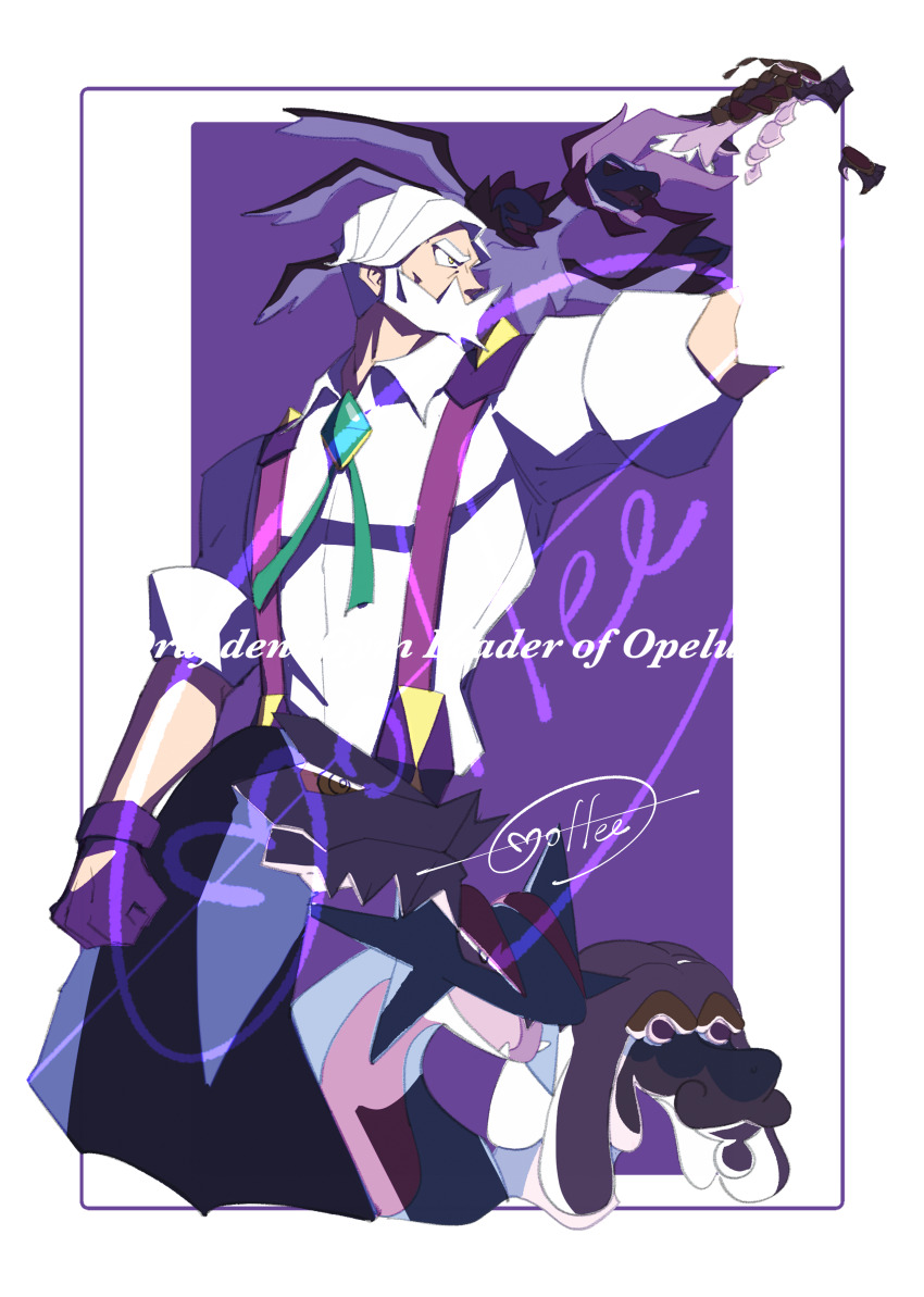 1boy absurdres baxcalibur beard border cccacademia character_name collared_shirt commentary_request drampa drayden_(pokemon) facial_hair gem gen_3_pokemon gen_5_pokemon gen_7_pokemon gloves green_gemstone highres hydreigon kommo-o looking_to_the_side male_focus nintendo outstretched_arm pokemon pokemon_(creature) pokemon_bw purple_background purple_gloves salamence shirt short_hair signature sleeves_rolled_up suspenders white_border white_hair white_shirt yellow_eyes