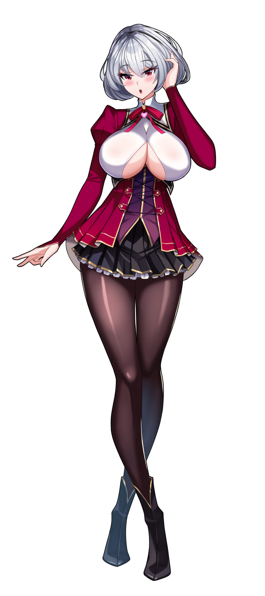 1girl :o absurdres alternate_costume azur_lane black_boots black_pantyhose black_skirt boots breasts clothing_cutout commentary cosplay english_commentary framed_breasts full_body gold_trim grey_hair hand_in_own_hair heart highres jacket juliet_sleeves large_breasts long_sleeves looking_at_viewer miniskirt motto!_haramase!_(series) motto!_haramase!_honoo_no_oppai_isekai_chou_ero_succubus_gakuen! pantyhose pleated_skirt puffy_sleeves red_eyes red_jacket short_hair sirius_(azur_lane) skirt solo underboob underboob_cutout zer0z_vi