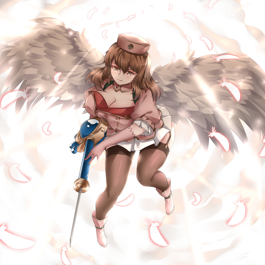 1girl absurdres angel_wings breasts brown_eyes brown_hair cleavage flying hat highres holding holding_syringe kusano_shinraku large_breasts light_blush looking_down magical_girl mahou_shoujo_tokushusen_asuka medium_hair mugen_kurumi nurse_cap solo syringe thighhighs war_nurse_kurumi wings
