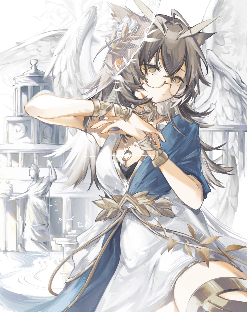 1girl absurdres ahoge ambience_synesthesia angel_wings architecture arknights armpits asymmetrical_dress bracelet breasts brown-framed_eyewear brown_eyes brown_hair collar dress feather_hair glasses glint greco-roman_architecture hair_between_eyes hands_up highres jewelry jixing long_hair looking_at_viewer medium_breasts necklace official_alternate_costume olive_branch owl_ears owl_girl purple_dress semi-rimless_eyewear short_sleeves sidelocks silence_(arknights) silence_the_paradigmatic_(arknights) single_sleeve solo statue thigh_strap thighs two-tone_dress under-rim_eyewear v-neck white_dress wings