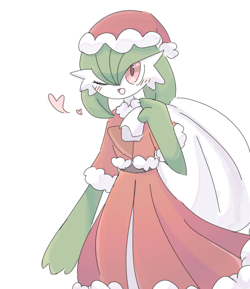 1girl absurdres arm_at_side belt blush bob_cut clothed_pokemon colored_skin dress female_focus flat_chest fur-trimmed_dress fur-trimmed_hat fur-trimmed_sleeves fur_trim gardevoir gen_3_pokemon green_hair green_skin hair_between_eyes hand_up happy hat heart highres holding holding_sack long_dress looking_afar multicolored_skin nintendo one_eye_closed open_mouth pokemon pokemon_(creature) red_dress red_eyes red_hat sack santa_costume santa_hat short_hair short_sleeves simple_background smile solo suzu_(pixiv_32232702) two-tone_skin white_background white_skin wink