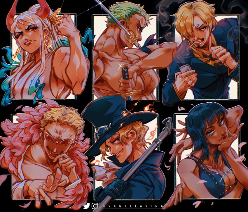 2girls 4boys ascot bandana_around_arm black_coat black_gloves black_hair black_jacket blonde_hair blue_eyes blue_hair blunt_bangs cigarette clenched_hand coat commentary crop_top cross-laced_clothes cross-laced_top curly_eyebrows donquixote_doflamingo earrings embers extra_arms feather_coat formal_clothes glint gloves goggles goggles_on_headwear green_hair hair_ornament hair_over_one_eye hana_hana_no_mi hat highres holding holding_lighter holding_weapon hoop_earrings horns instagram_logo instagram_username jacket japanese_clothes jewelry kimono lighter looking_at_viewer medium_hair multicolored_hair multiple_boys multiple_drawing_challenge multiple_girls nico_robin nico_robin_(whisky_peak) one_piece petals pink_coat pink_petals ponytail profile red_horns roronoa_zoro sabo_(one_piece) sanji_(one_piece) scar scar_on_chest scar_on_face shirt short_hair sidelocks sleeveless sleeveless_kimono sleeveless_shirt smile suit sunglasses top_hat topless_male twitter_logo twitter_username upper_body vanxllavina weapon weapon_in_mouth white_ascot white_hair white_kimono yamato_(one_piece)