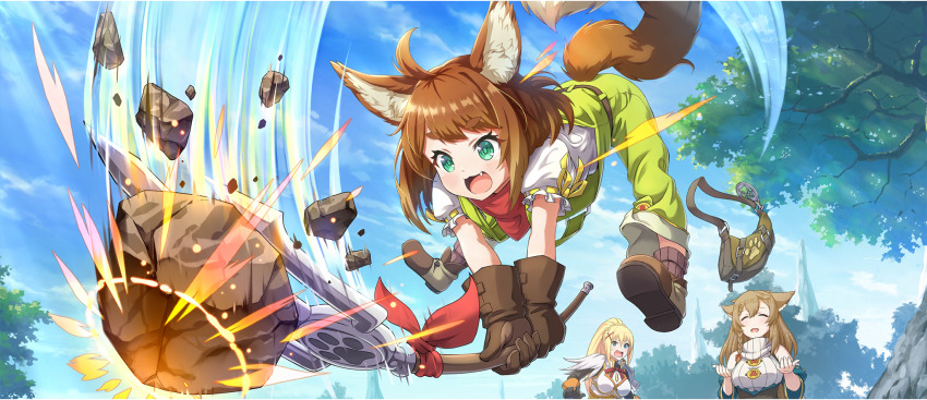 3girls :3 ahoge amy_(konosuba) animal_ear_fluff animal_ears bandana bandana_around_neck belt blonde_hair blue_eyes blue_sky boobplate braid braided_sidelock breastplate breasts brown_belt brown_gloves brown_hair brown_socks child closed_eyes cloud cloudy_sky darkness_(konosuba) day double-parted_bangs droopy_ears fang game_cg gloves green_eyes green_overalls hair_between_eyes hair_ornament highres holding holding_pitchfork holding_polearm holding_weapon jumping kono_subarashii_sekai_ni_shukufuku_wo! konosuba!_fantastic_days large_breasts long_hair looking_at_another medium_hair miia_(konosuba) multiple_girls official_art open_mouth outdoors overalls pitchfork polearm ponytail ponytail_with_braided_base red_bandana ribbon ribbon-trimmed_sleeves ribbon_trim shirt short_sleeves sidelocks sky sleeveless sleeveless_sweater socks sweater swept_bangs tail tree very_long_hair weapon white_shirt white_sweater x_hair_ornament yellow_ribbon