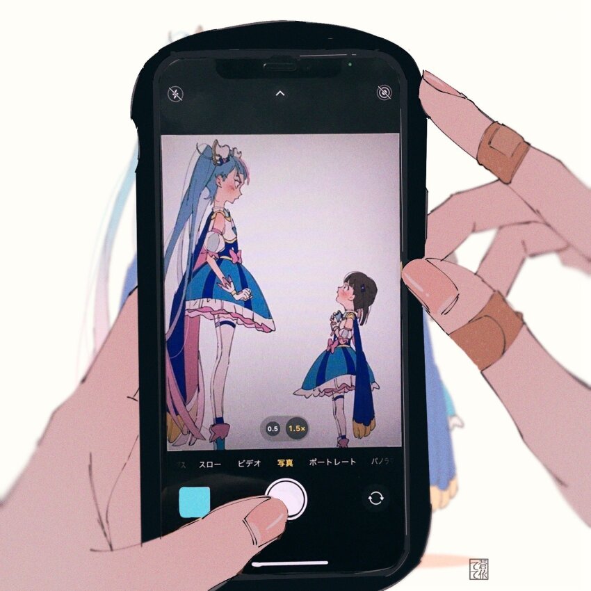 3girls aoi_tete artist_name bandaid bandaid_on_hand blue_cape blue_dress blue_eyes blue_hair blurry blurry_background brooch cape cellphone cellphone_photo commentary cosplay cure_sky cure_sky_(cosplay) cut_bangs depth_of_field detached_sleeves dress earrings fingerless_gloves frilled_dress frills fringe_trim from_side gloves hair_ornament highres hirogaru_sky!_precure holding holding_phone jewelry long_hair looking_at_another magical_girl multicolored_hair multiple_girls open_mouth out_of_frame own_hands_together phone pink_cape pink_hair pov precure puffy_detached_sleeves puffy_sleeves short_dress short_twintails signature sleeveless sleeveless_dress smartphone smile sora_harewataru standing streaked_hair thighhighs twintails two-sided_cape two-sided_fabric two-tone_hair very_long_hair white_background white_gloves white_thighhighs wing_brooch wing_hair_ornament