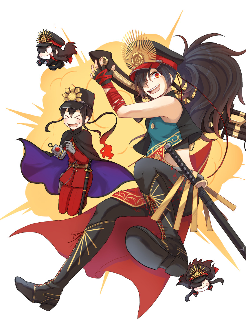 &gt;_&lt; 2boys :d armpit_peek big_hair black_cape black_footwear black_gloves black_jacket black_pants blank_eyes boots cape crest cross-laced_footwear explosion family_crest fate/grand_order fate_(series) fiery_hair fingerless_gloves floating_cape floating_hair furrowed_brow gloves hair_between_eyes hair_over_one_eye hat high_collar highres jacket katana kepi knee_up legs_up lone_nape_hair long_hair long_sleeves low_ponytail midriff_peek military_hat military_uniform mini_nobu_(fate) multiple_boys oda_kippoushi_(fate) oda_nobukatsu_(fate) oda_nobunaga_(fate) oda_uri one_eye_covered open_mouth pants papico0154 peaked_cap ponytail red_jacket red_pants sheath sheathed shoe_soles sidelocks sleeveless smile sweatdrop sword teeth upper_teeth_only v-shaped_eyebrows wavy_eyes weapon white_background wrist_wrap